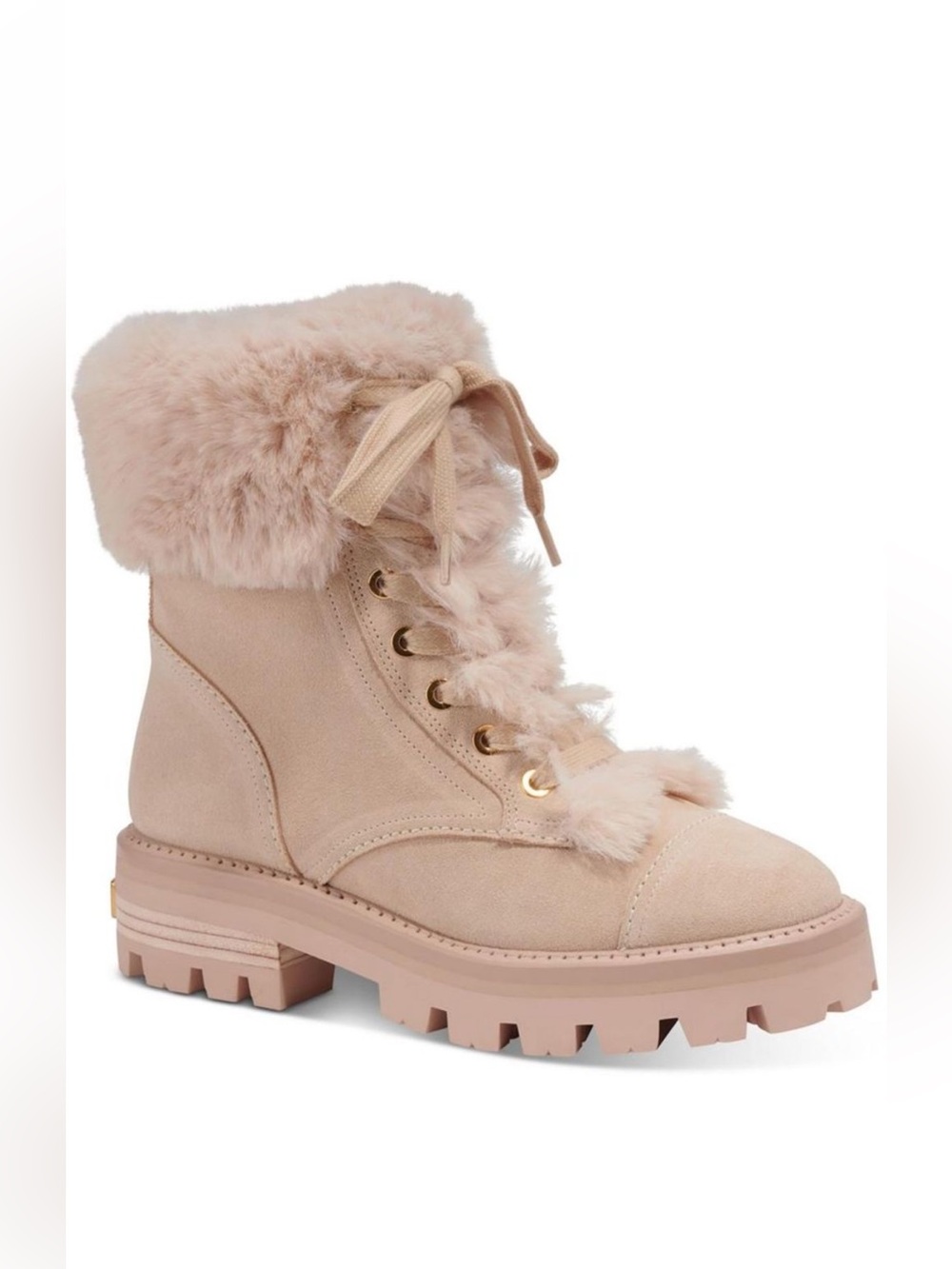 Kate Spade merritt winter hay light pink suede faux vegan fur lace up boots 5.5B